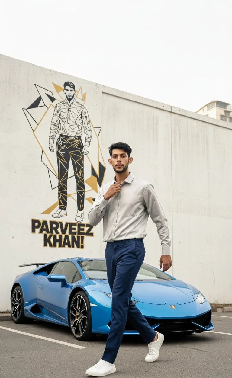 Parveez Khan, AI film director, in front of a mural of his own name